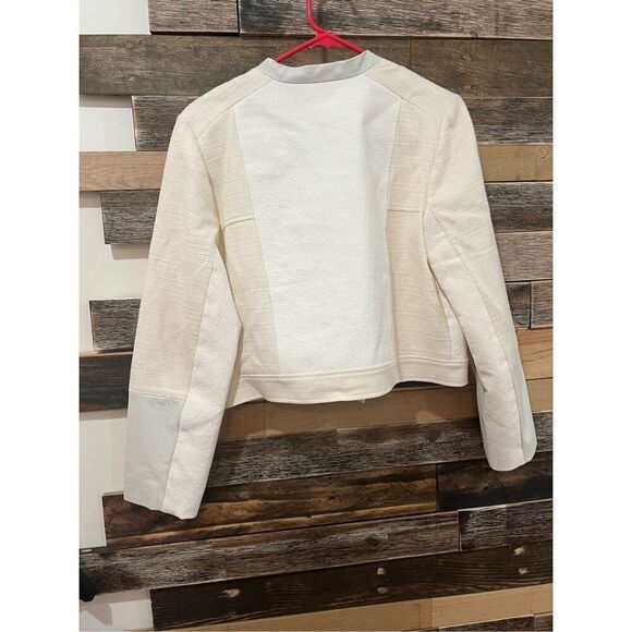 Chico's NWT defects Asymmetrical Moto Jacket Ivory Wheat Fabric Mix sz 1 M - Picture 3 of 12